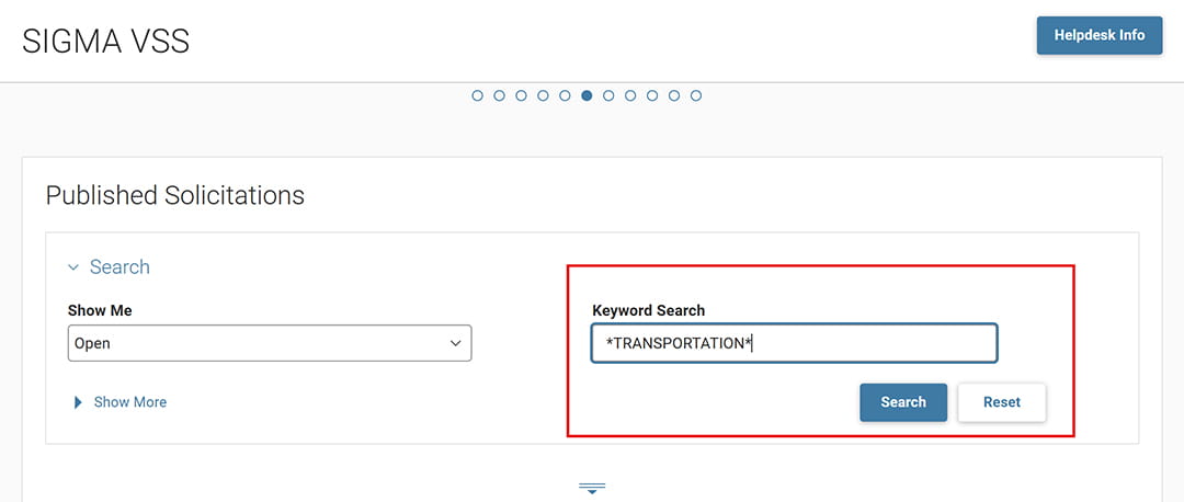 The “Published Solicitations” page showing a red-outlined “Keyword Search” box. The search term “TRANSPORTATION” is typed in, and the “Search” button is visible below.