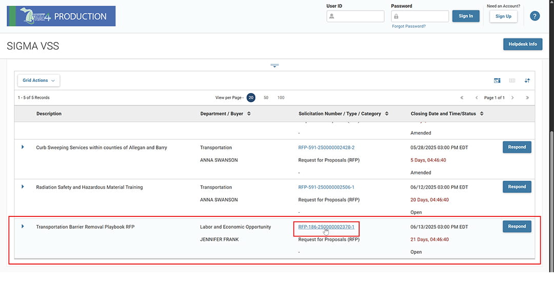 Search results on the “Published Solicitations” page listing multiple RFPs. The “Transportation Barrier Removal Playbook RFP” is outlined in red, and the Solicitation Number link (RFP-186-250000002370-1) is being clicked.