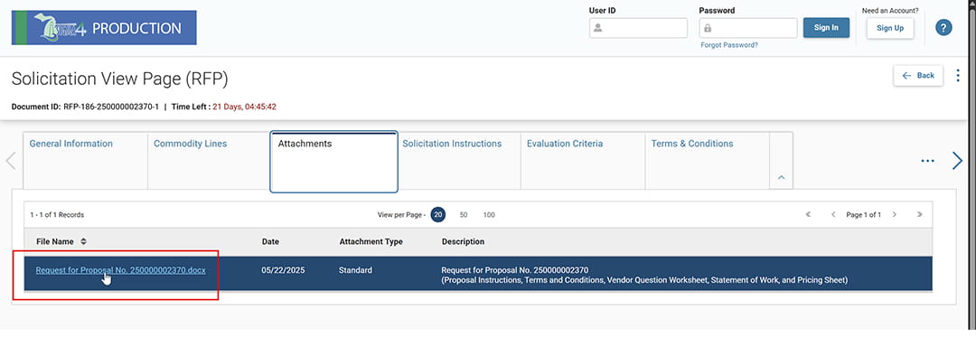 The “Solicitation View Page (RFP)” with the “Attachments” tab selected. A single file titled “Request for Proposal No. 250000002370.docx” is listed and being clicked.