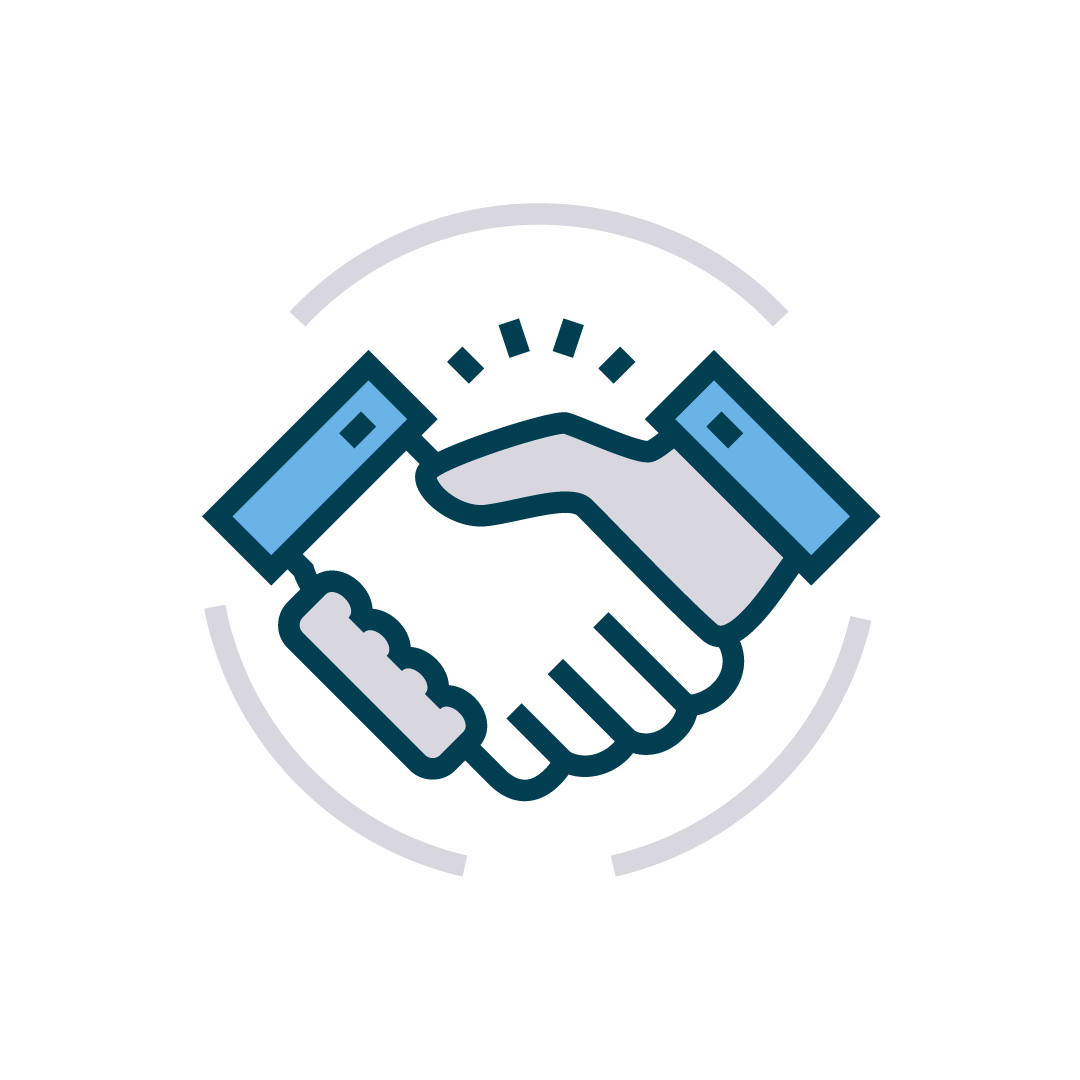 Icon: Two hands shaking inside a circular frame, representing partnership and bringing stakeholders together.