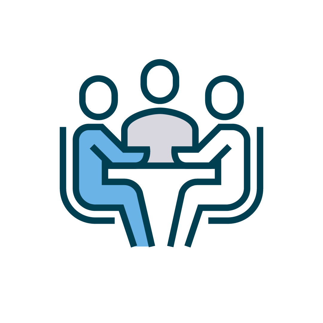 Icon: Three people seated around a table, representing collaboration and coordinated planning.