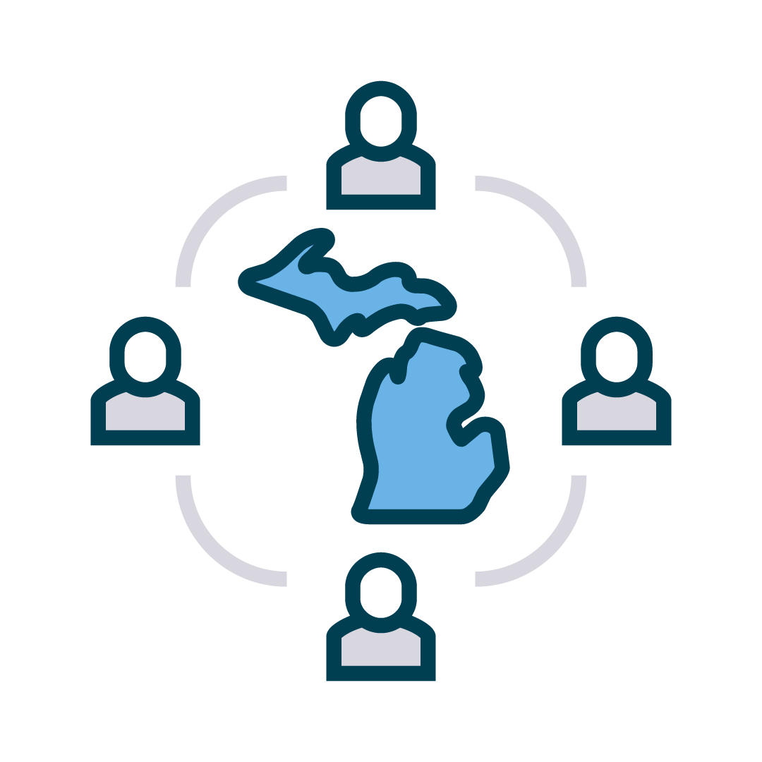 Icon: People arranged around the outline of Michigan, representing individuals connected across the state.