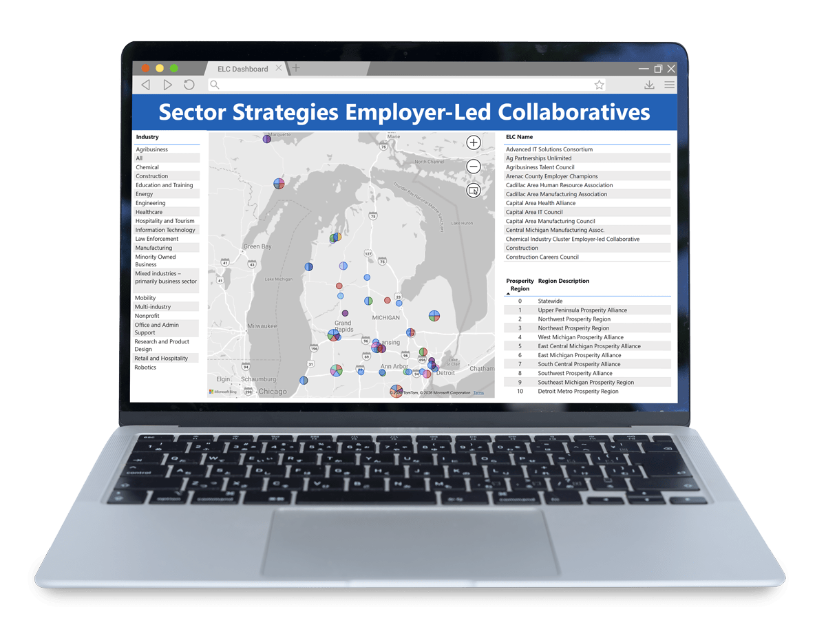Laptop displaying a web-based dashboard titled “Sector Strategies Employer-Led Collaboratives,” featuring an interactive map of Michigan with multi-colored markers, industry filter options on the left, and a sortable list of employer-led collaboratives and prosperity regions on the right.