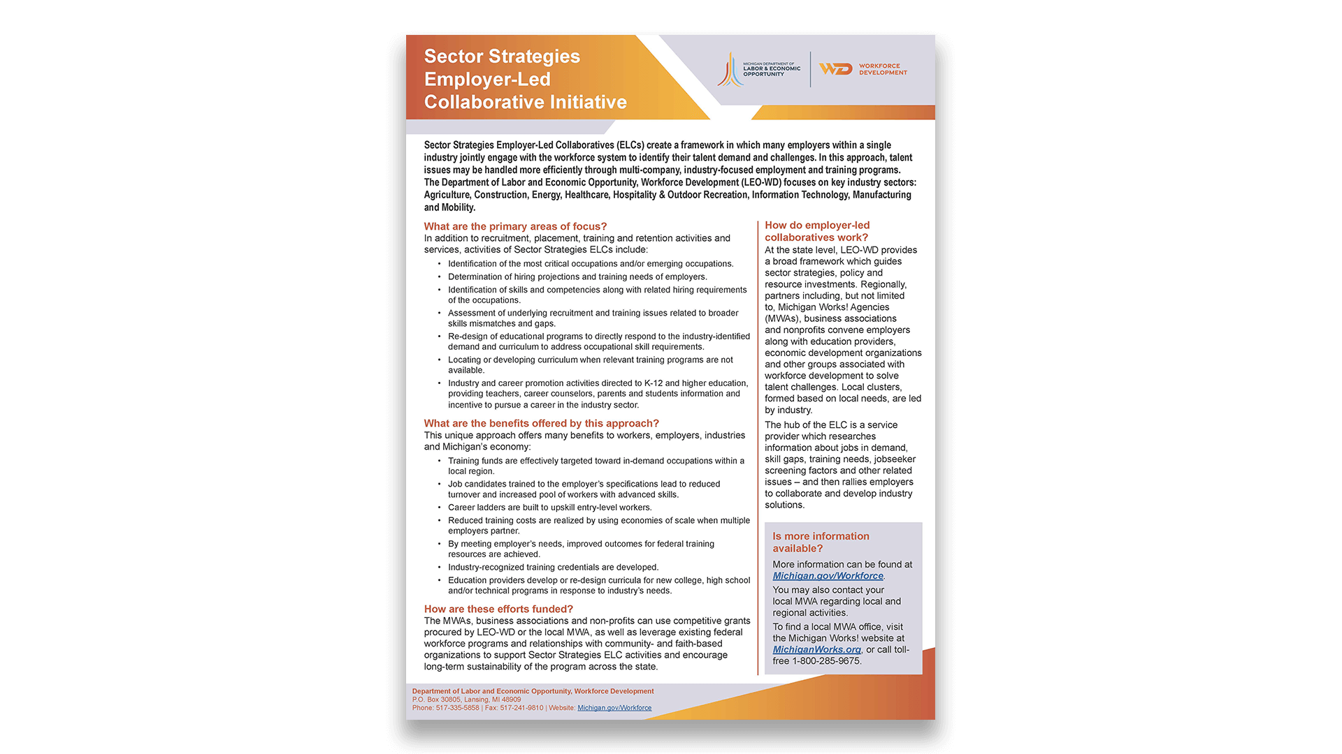 One-page flyer titled “Sector Strategies Employer-Led Collaborative Initiative” describing Michigan’s employer-led workforce partnerships, focus areas, benefits, and contact information.