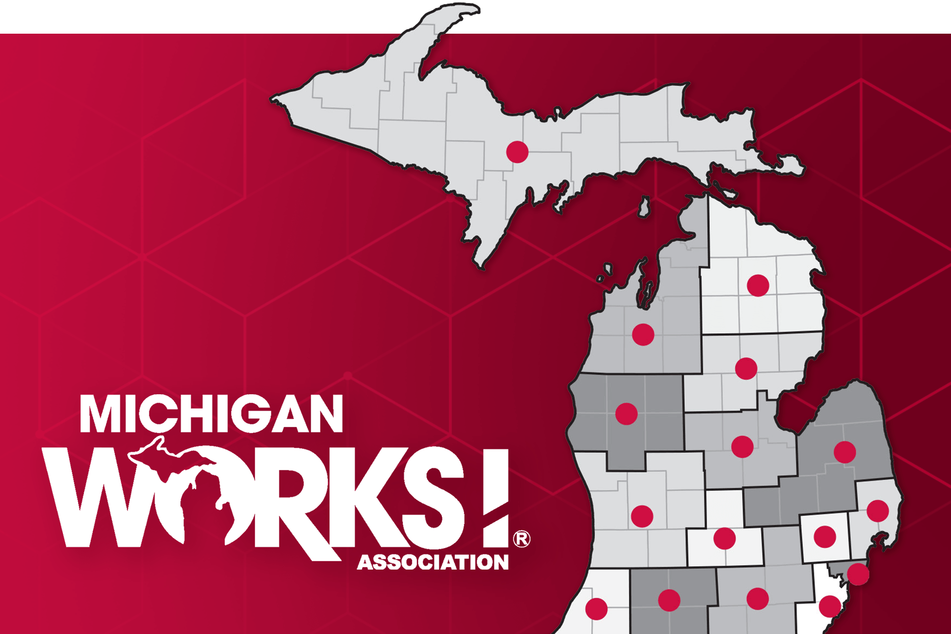 Map of Michigan with county boundaries and red markers, alongside the Michigan Works! Association logo on a red background.