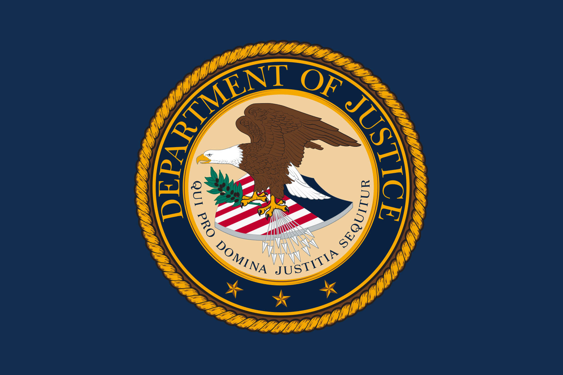Seal of the U.S. Department of Justice on a dark blue background.