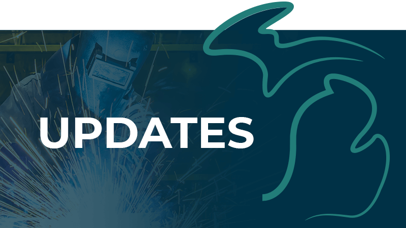 Updates headline with Registered Apprenticeship Michigan logo and factory worker welding in the background.