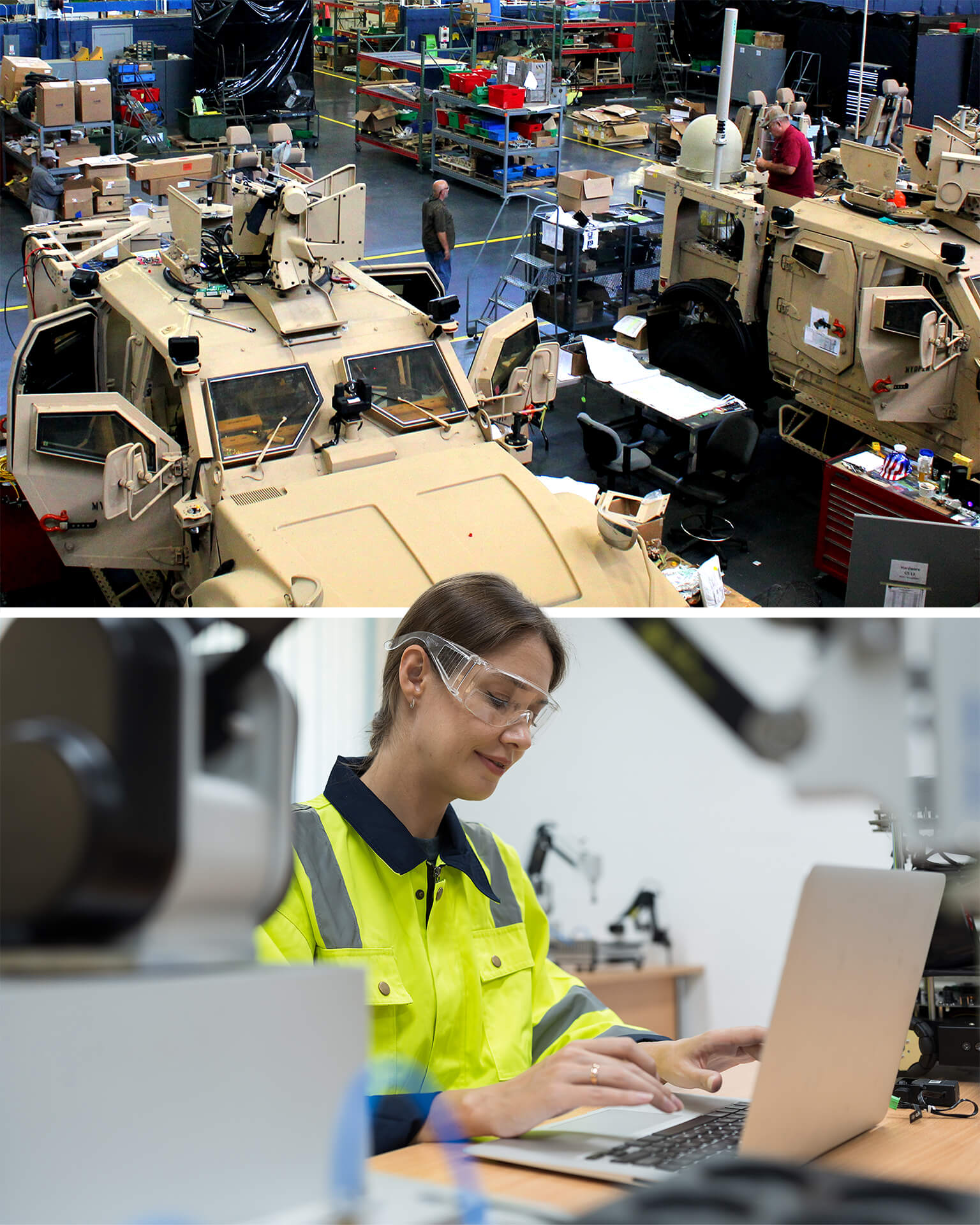 Two images: (top) workers assembling Mine Resistant Ambush Protected (MRAP) prototype vehicles equipped with communications systems at the U.S. Army Prototype Integration Facility; (bottom) a manufacturing technician wearing safety glasses and a high-visibility jacket working on a laptop in an industrial lab environment.