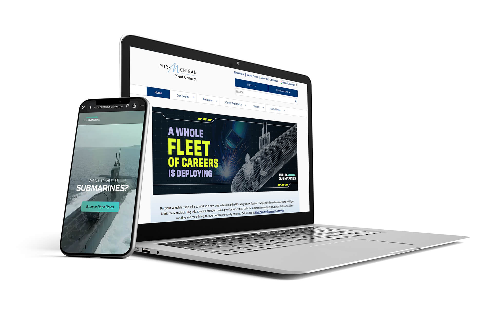 Smartphone displaying the BuildSubmarines.com homepage beside a laptop showing a Pure Michigan Talent Connect webpage featuring a hero graphic promoting careers supporting U.S. submarine construction.