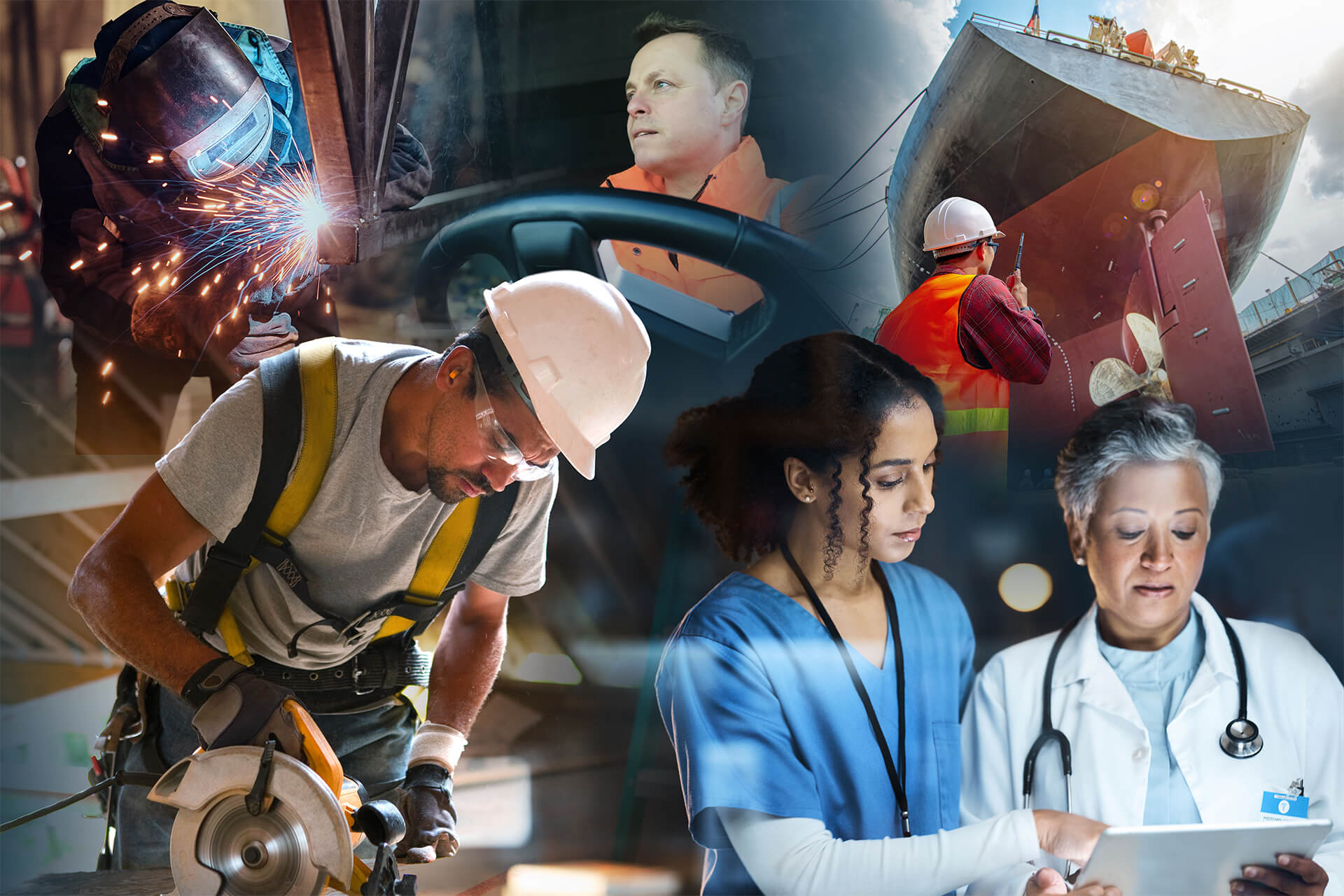 Collage depicting multiple apprenticeship pathways, including individuals welding metal, operating construction equipment, performing carpentry work, working in maritime trades near a ship, and supporting patients in a healthcare setting. The image highlights the range of hands‑on, earn‑while‑you‑learn career opportunities available through Registered Apprenticeship programs across skilled trades, transportation, manufacturing, maritime industries, and healthcare.