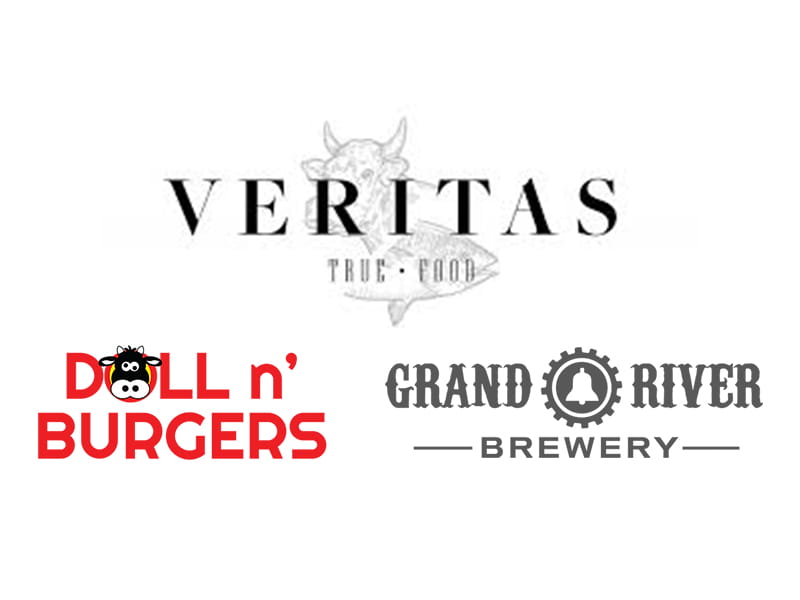 Veritas, Doll n' Burgers, and Grand River Brewery logos