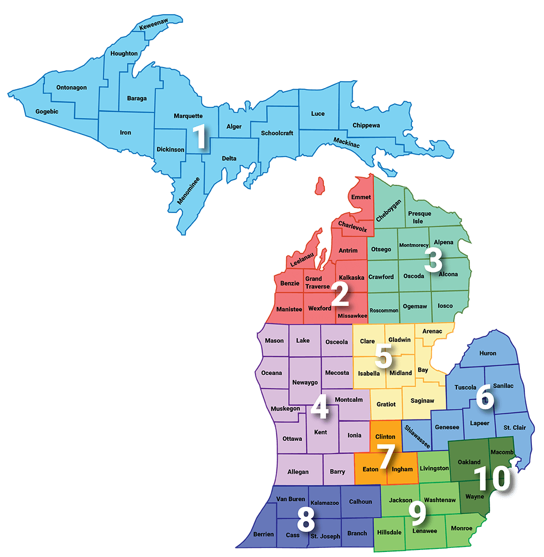 Color-coded map of Michigan divided into 10 numbered regions, showing county boundaries and names. Region 1 covers the Upper Peninsula in light blue. Region 2 spans the northwestern Lower Peninsula in red. Region 3, in forest green, covers the northeastern Lower Peninsula. Region 4, in purple, includes west-central Michigan. Region 5, in yellow, lies in the central part of the state. Region 6, in blue, includes east-central Michigan and the Thumb area. Region 7, in orange, covers mid-southern counties around Lansing. Region 8, in dark purple, includes the southwestern corner along Lake Michigan. Region 9, in green, spans south-central counties along the Ohio border. Region 10, in dark green, includes the southeastern counties surrounding Detroit.