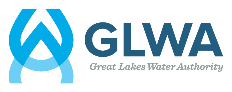 Great Lakes Water Authority (GLWA) logo featuring a two-tone blue water droplet, alongside the text 'GLWA' in bold blue letters and 'Great Lakes Water Authority' in gray italics.