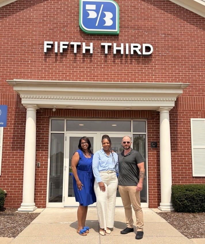 Jawana with her Veterans' Career Advisor outside Fifth Third bank.