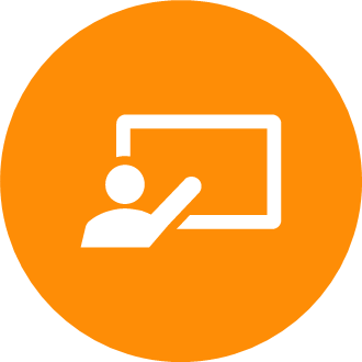 White icon of person pointing to a screen against an orange background