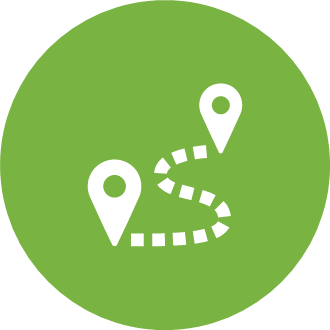 White icon of two locations with dotted line between them on a green background