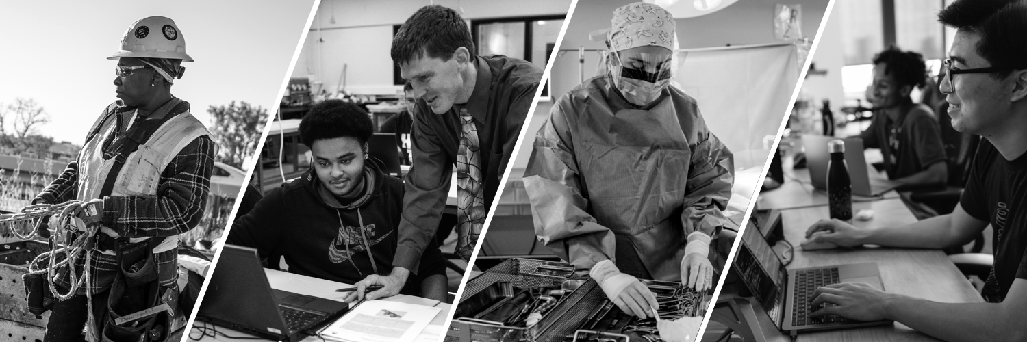 Images of construction worker, IT professional, healthcare worker and teacher.