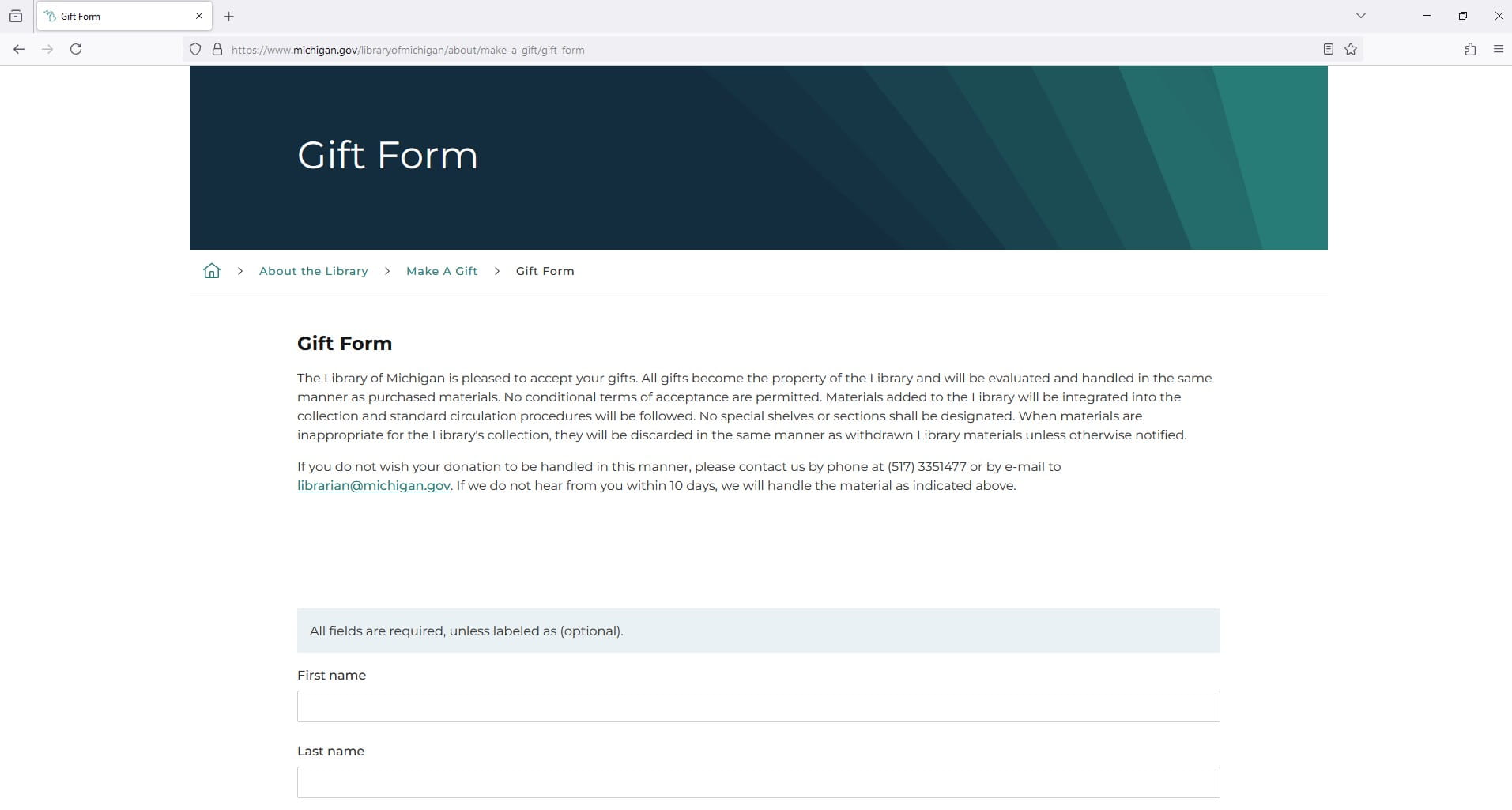 2025 Library of Michigan Make A Gift Form Screenshot