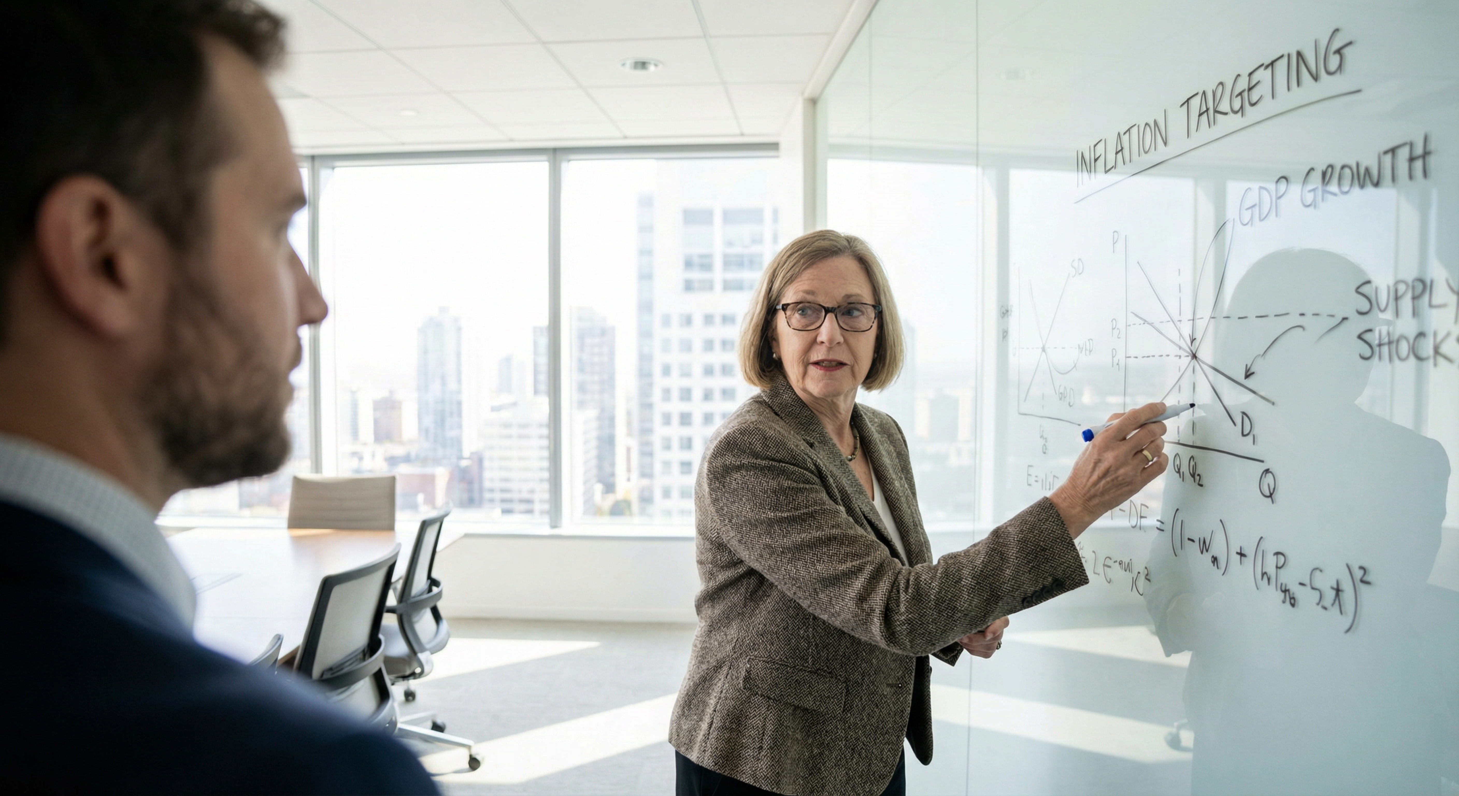 woman discussing a chart on a white board