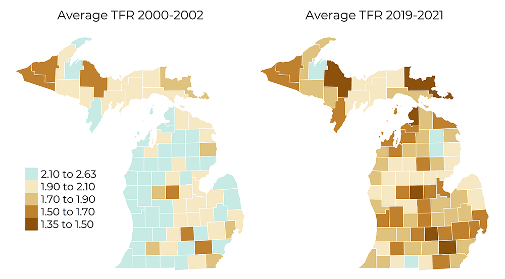 Two maps showing total fertility rates by Michigan county, 2000-2002 and 2019-2021
