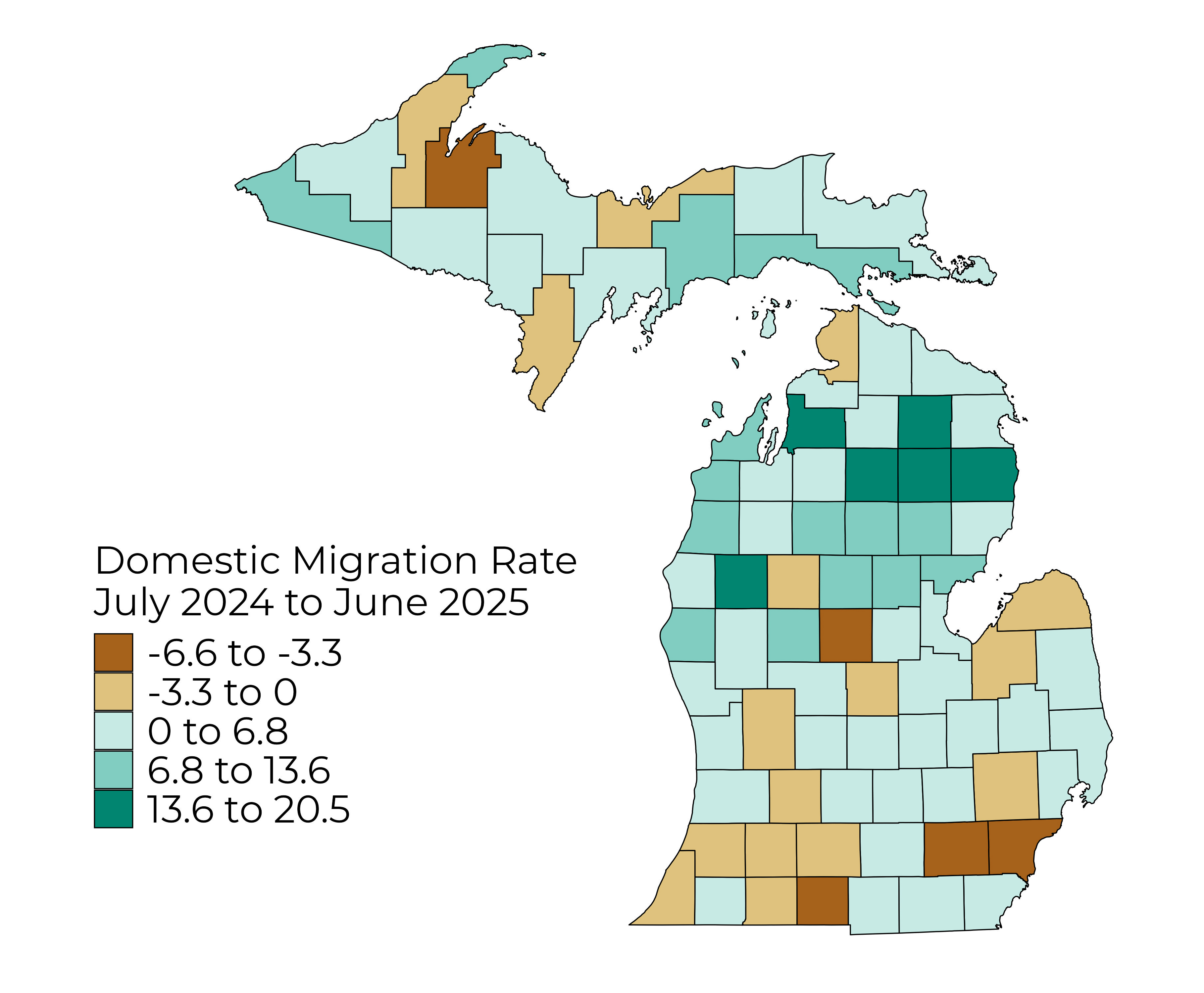 Domestic Migration Rate for Michigan Counties, July 2024–June 2025