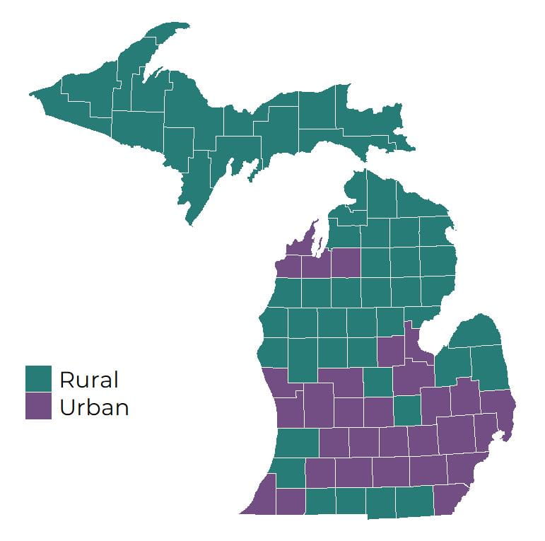 Map of Michigan counties labeled rural or urban