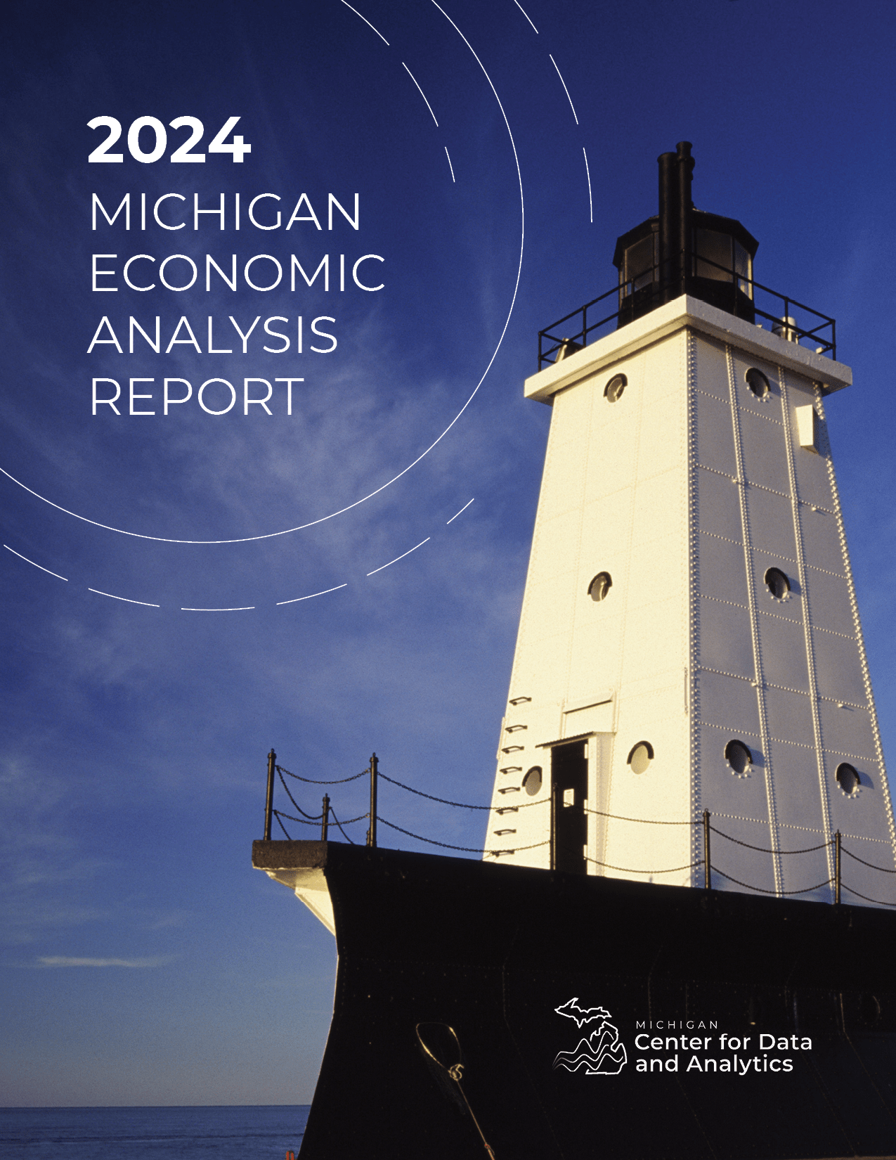 cover of 2024 annual economic analysis report. Ludington Lighthouse on Lake Michigan.