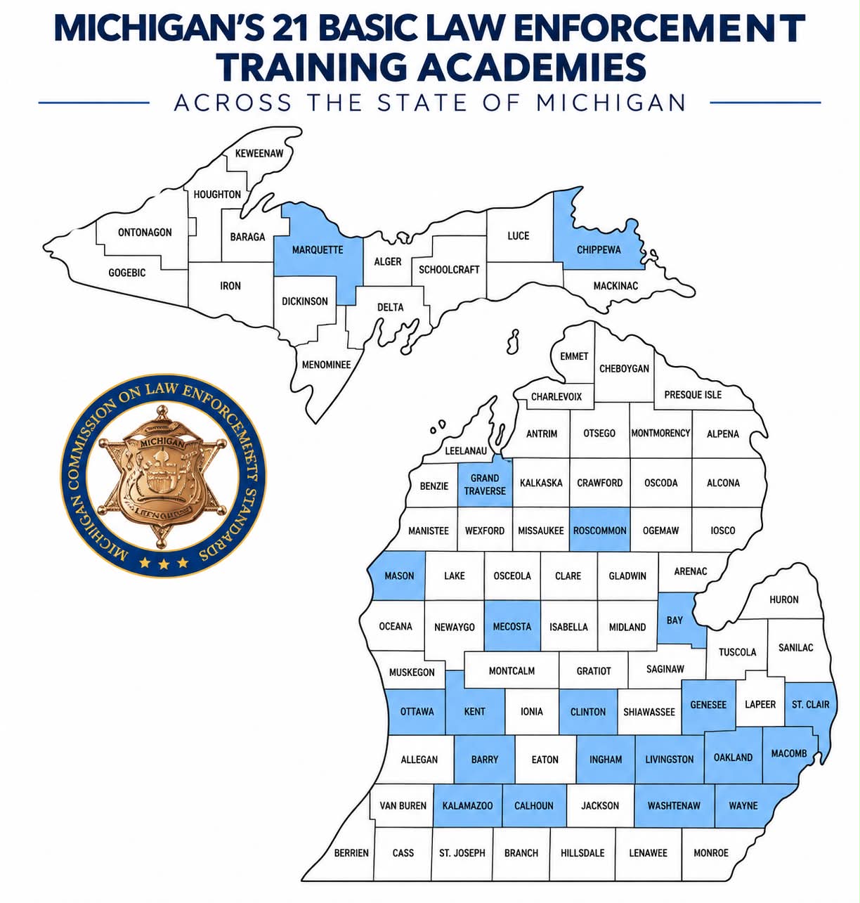 Michigan map with 21 academies highlighted in blue