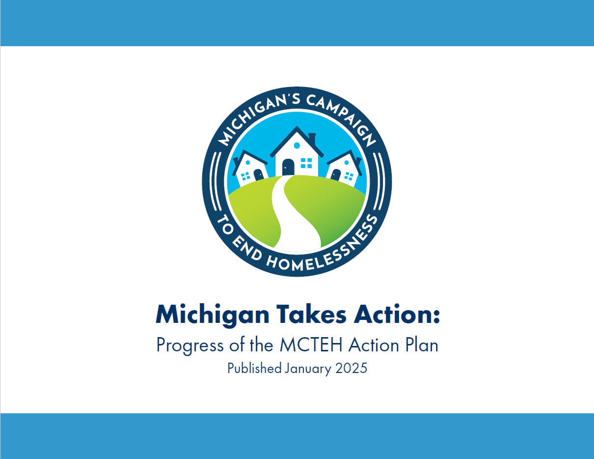 White background with the campaign logo centered with the text, Michigan's Campaign to End Homelessness Action Plan January 1, 2023-December 31, 2025