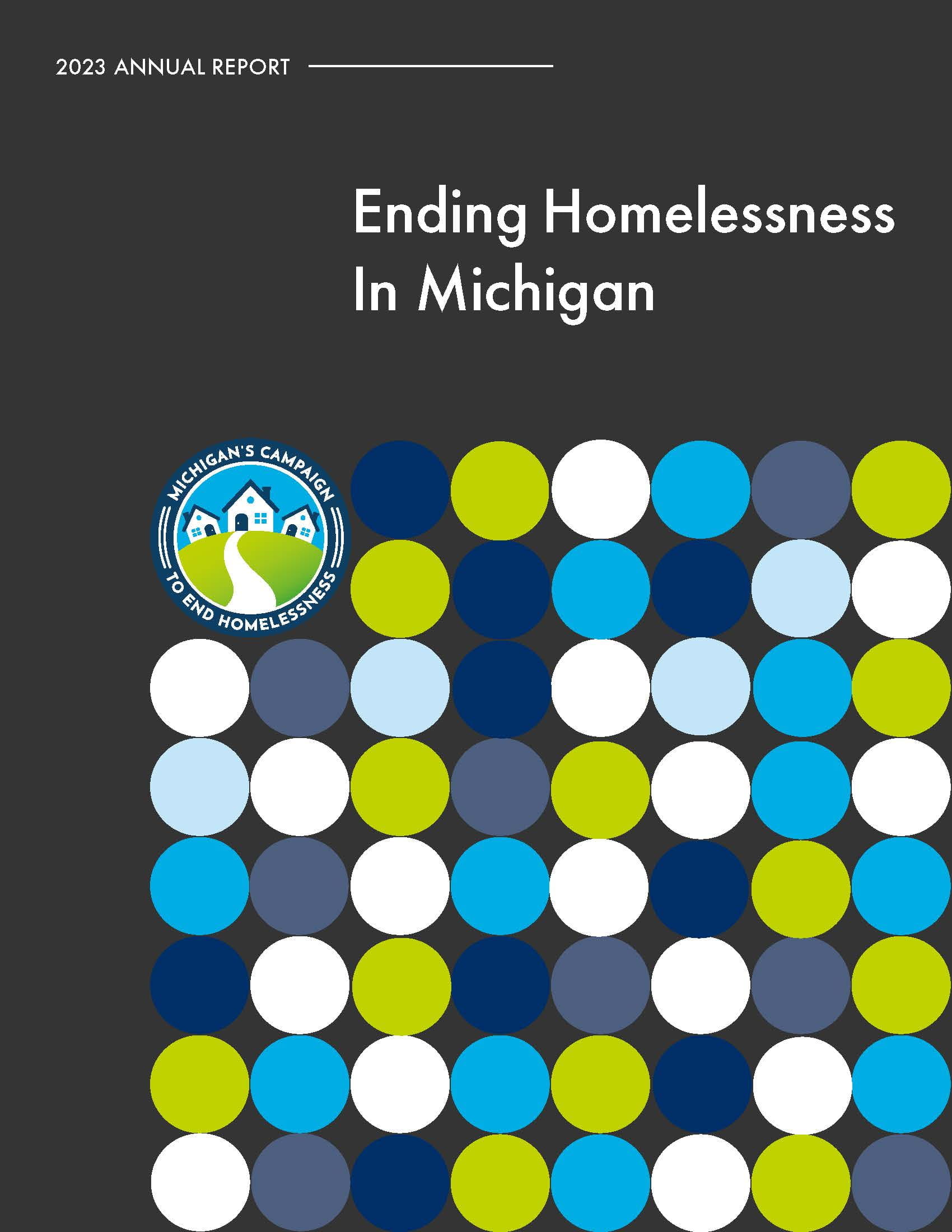 Medium black background with colorful circle icons and the Michigan Campaign to End Homelessness logo.