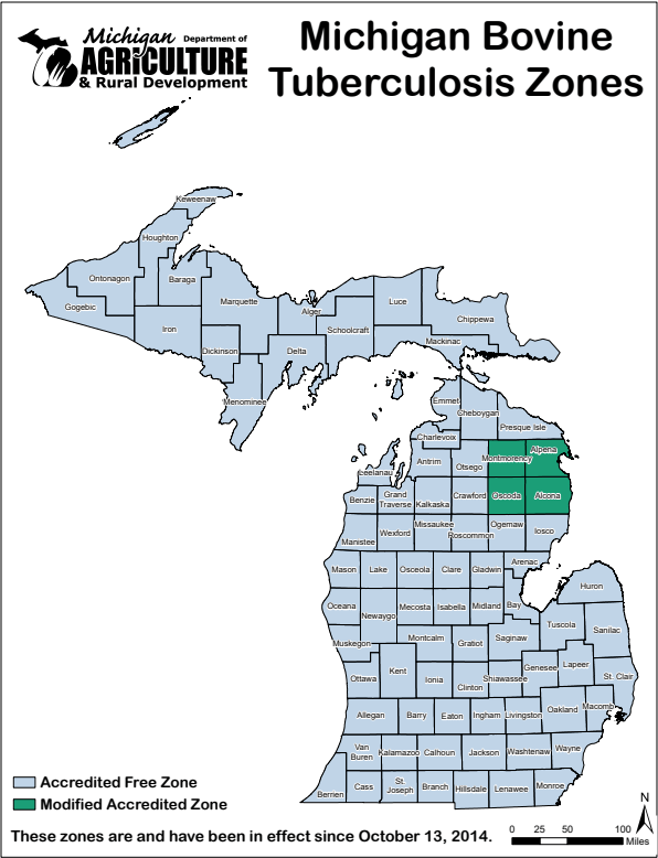 Michigan Bovine Tuberculosis Zones: Montmorency, Alpena, Oscoda, and Alcona are modified accredited, all others are accredited free