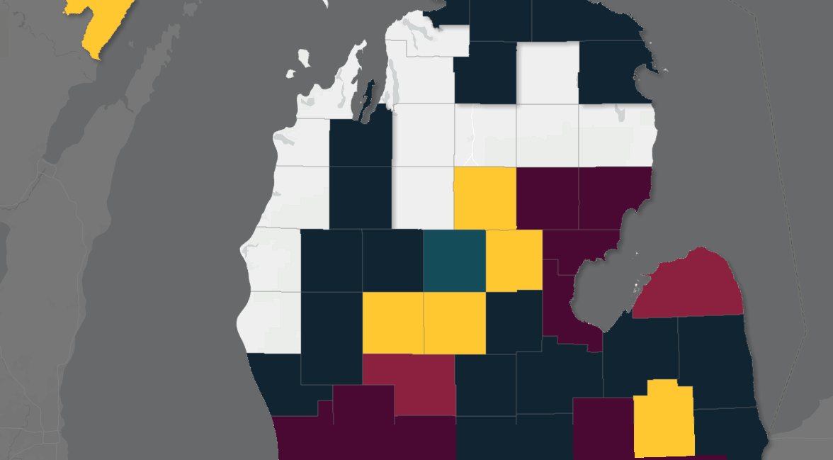 Map of Michigan with different counties colorized according to disease outbreaks