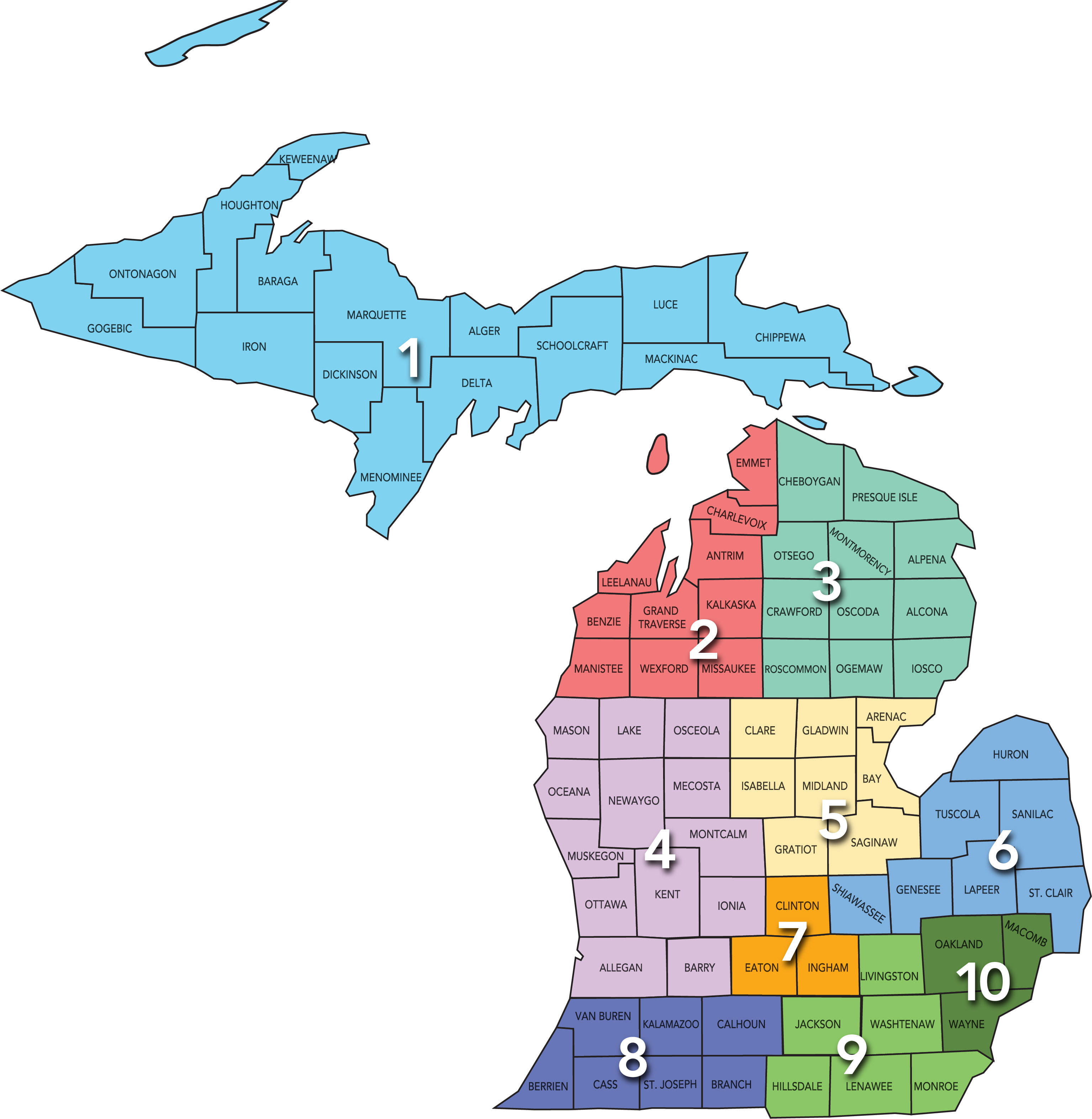 Map of Michigan displaying what counties fall within each economic development region.