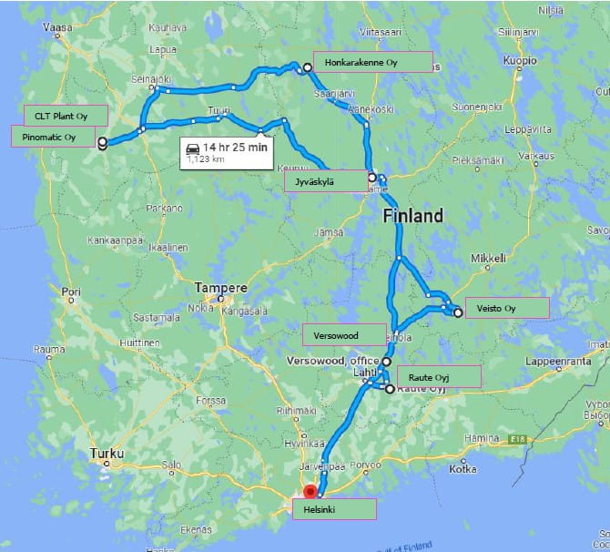 Map of the Wood Building Products Cross Laminated Timber Tour Site Visits in Finland.