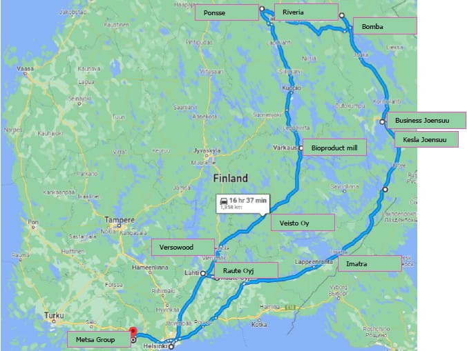 Map of the Smart Forestry and New Wood-Based Products Tour Site Visits in Finland.