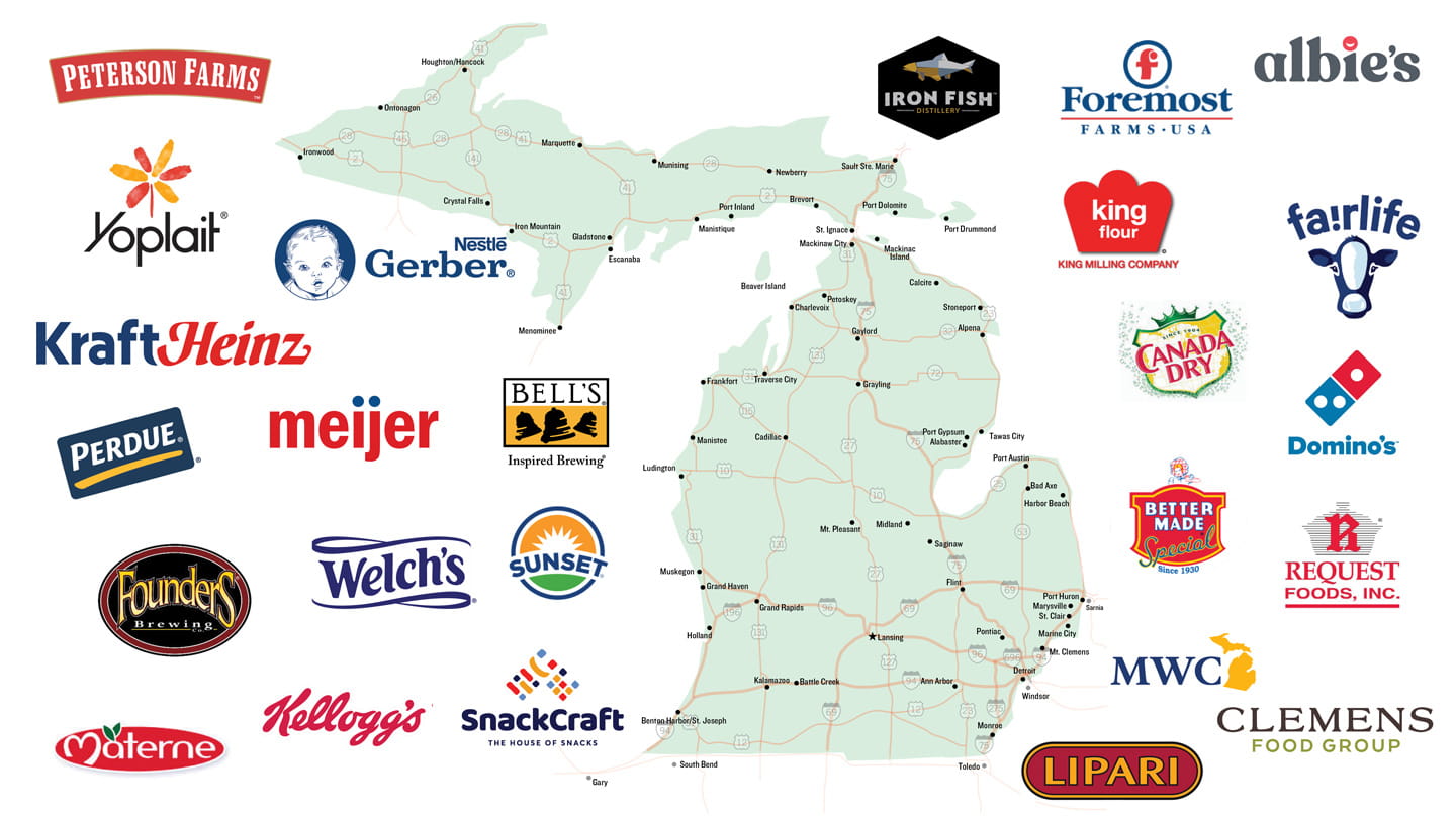 Michigan map with company logos.