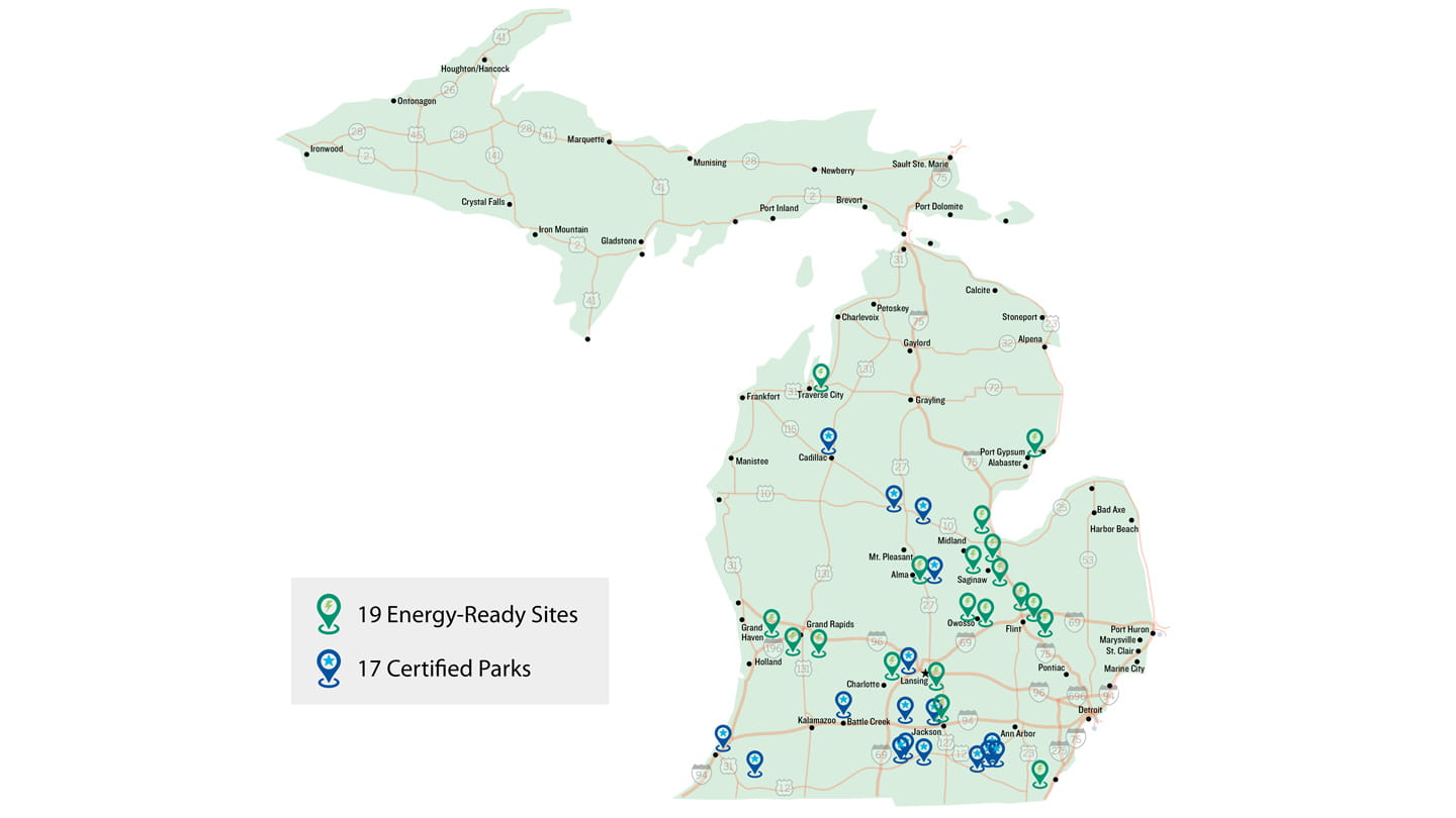 Map of Michigan indicating various sites throughout the state that are ready for building and the state's identified industrial parks.
