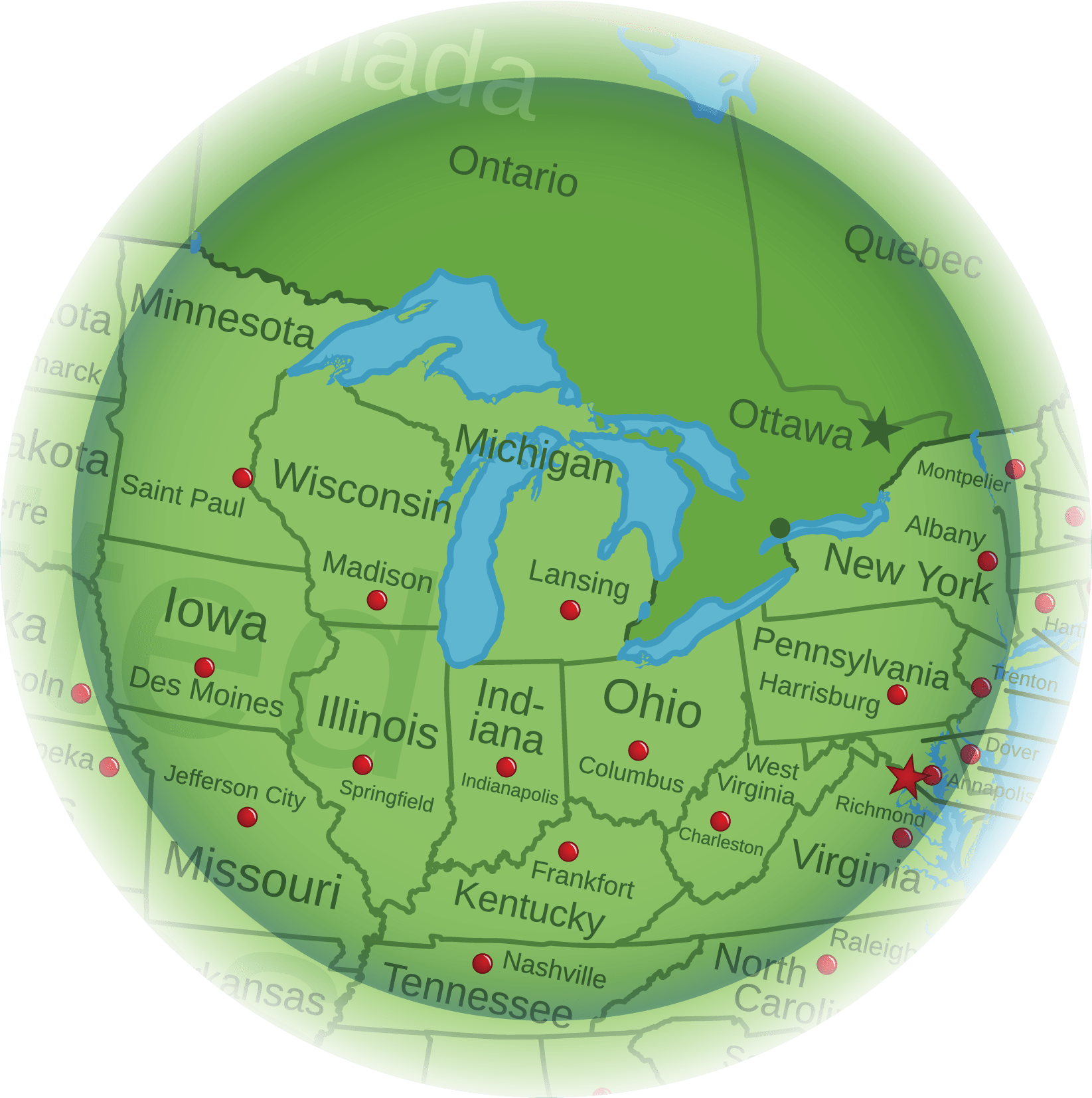Map centered on Michigan with a 500 mile range radius.