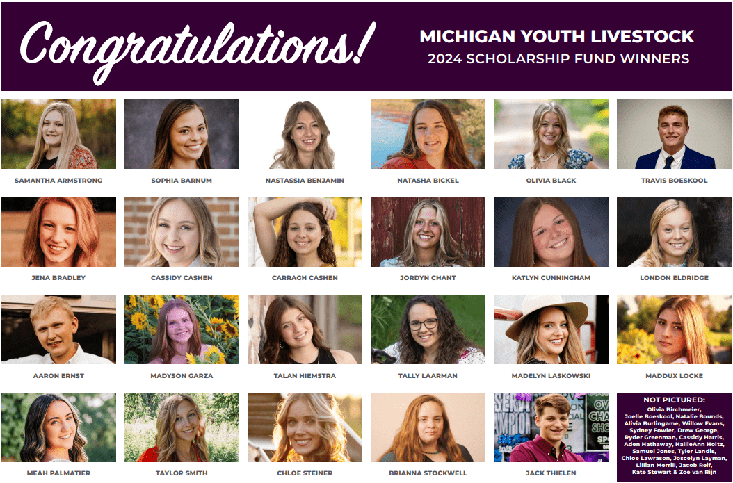 Michigan Youth Livestock 2024 Scholarship Winners Poster: 23 young people posing for the camera