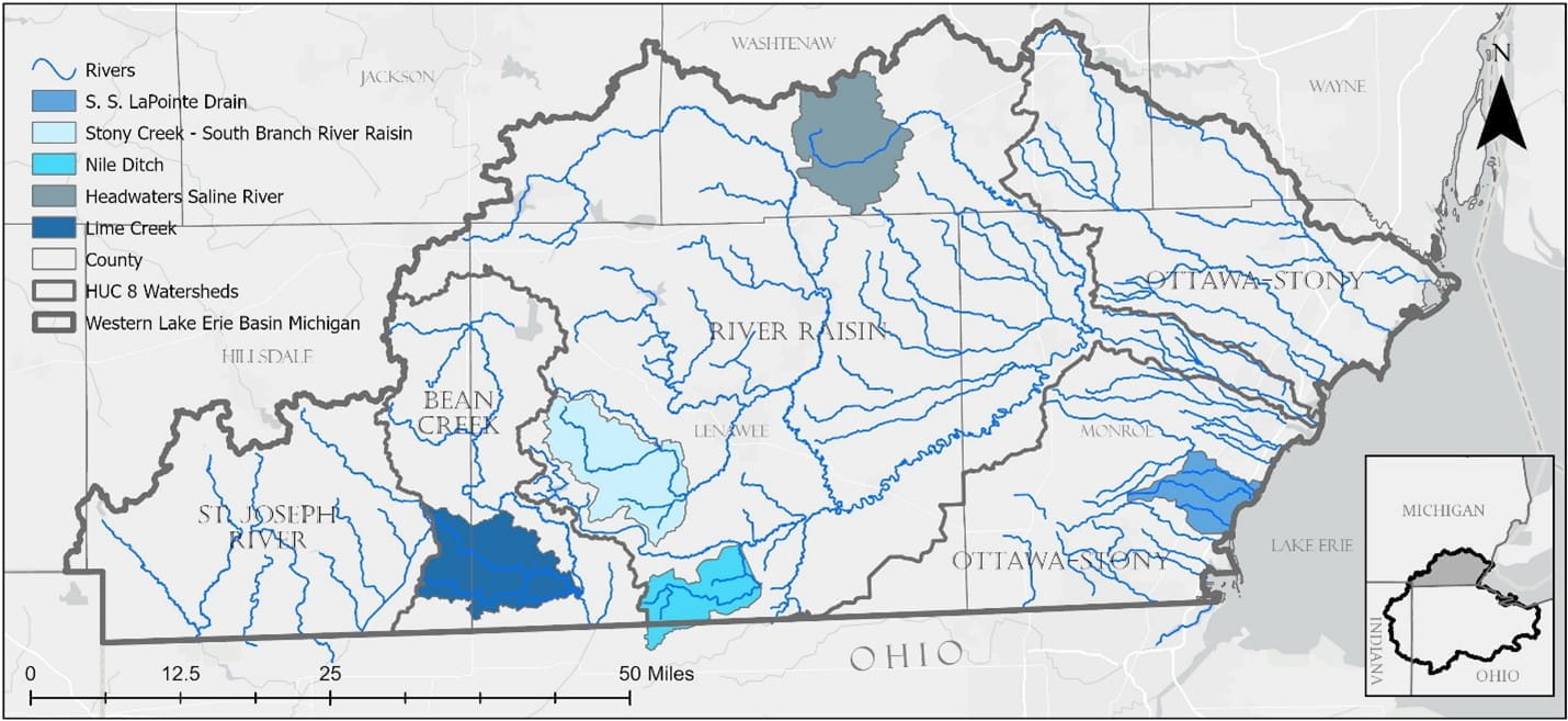 A map showing the WLEB watersheds in Michigan, Ohio, and Indiana. The watersheds are named after the major bodies of water that flow into Lake Erie. Michigan’s watersheds cover the River Raisin, and the upper portions of the Ottawa-Stony, Tiffin (called Bean Creek in Michigan), and the St. Joseph River.