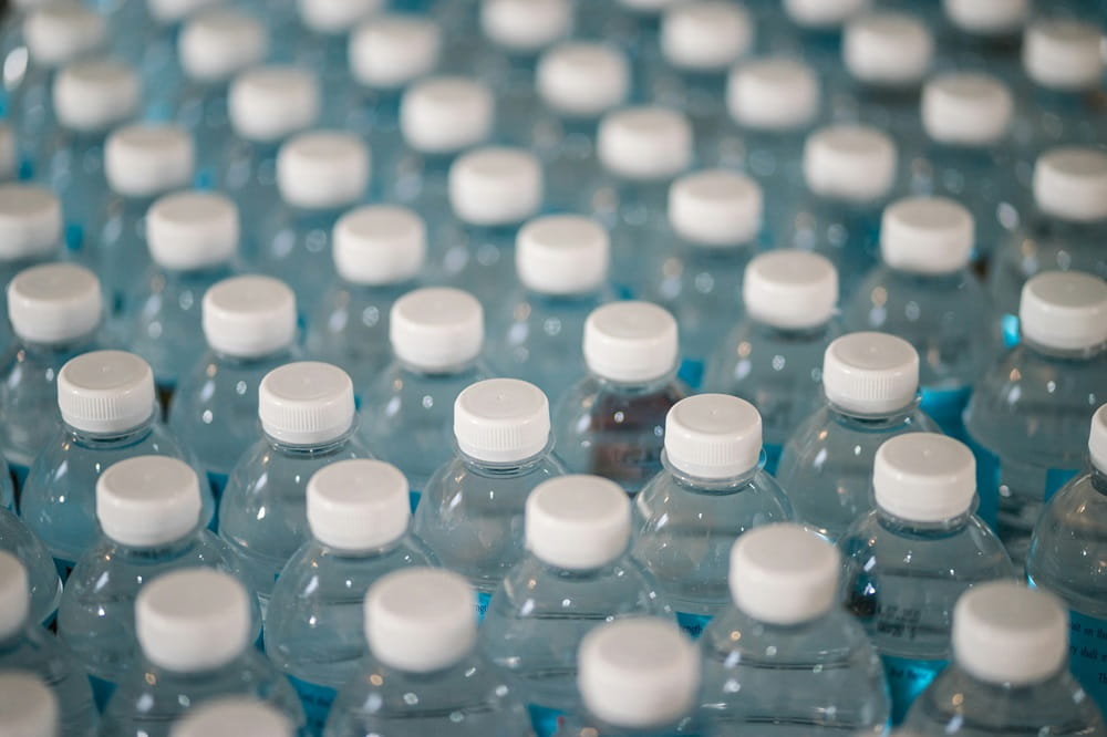 Rows of bottled water before selling