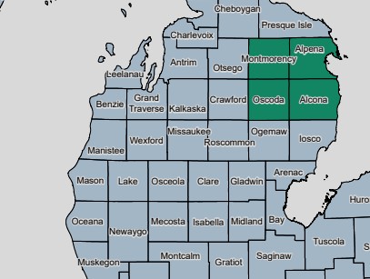 Map indicating which Michigan counties are in a Bovine Tuberculosis zone