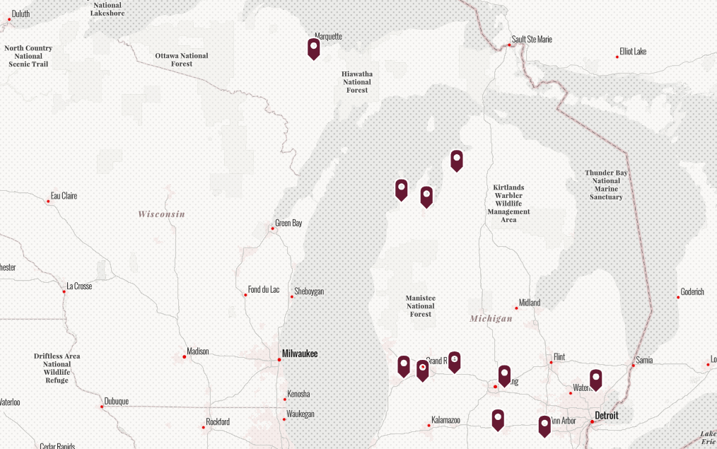 A map of locations across Michigan