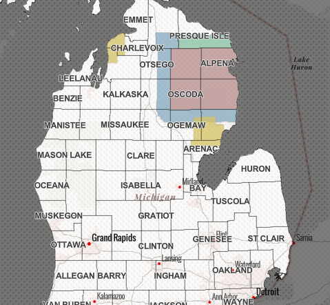 This map depicts the Michigan Bovine Tuberculosis surveillance testing areas for 2026.