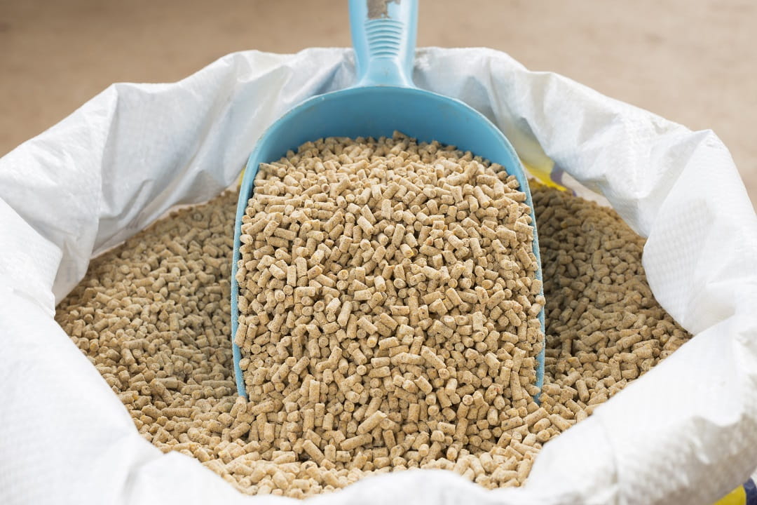 Bag of animal feed with blue scoop
