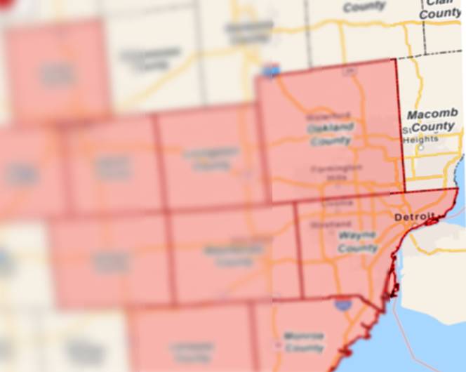 Blurred out quarantine map, with certain counties colored in red