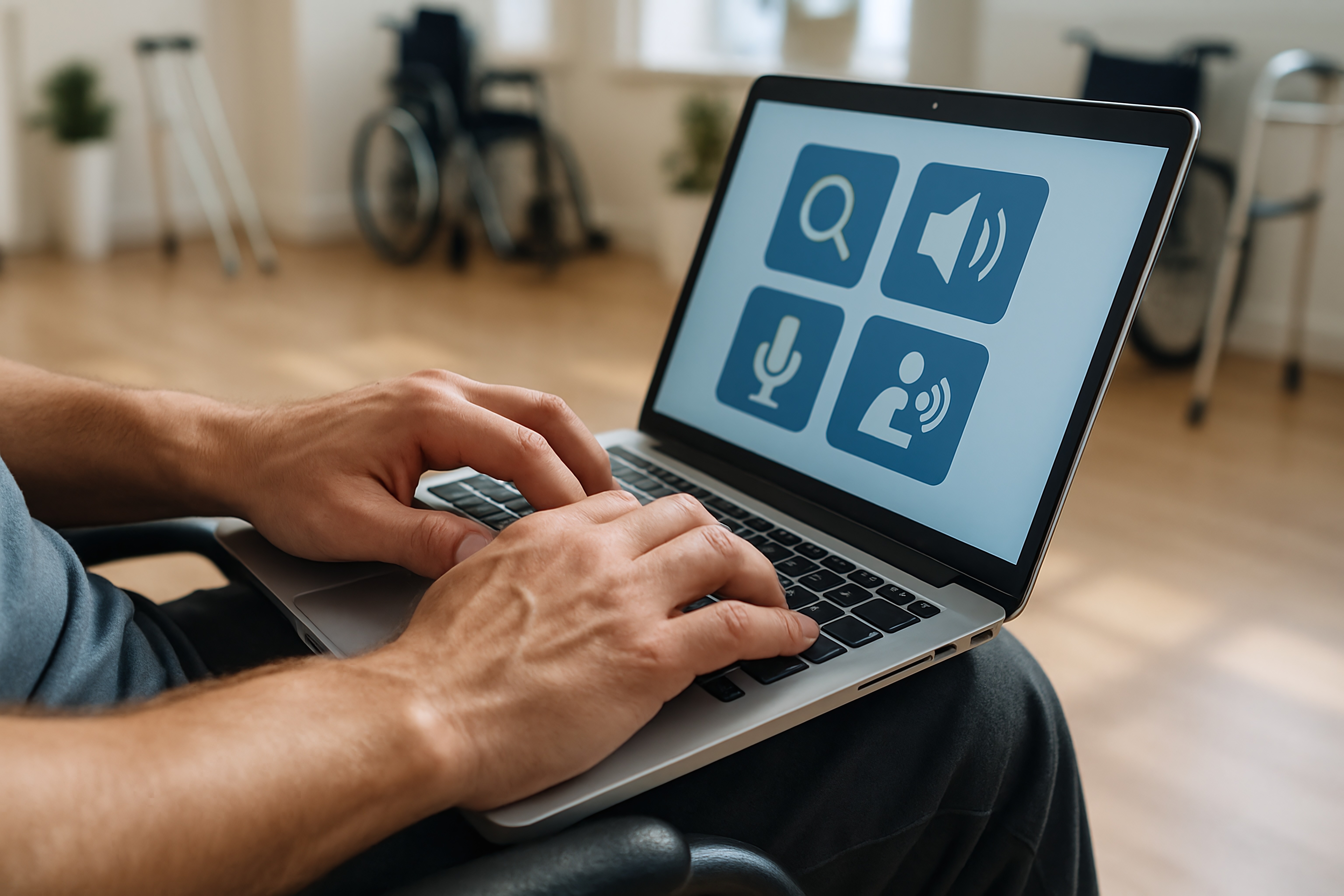 Close-up of a man in a wheelchair using accessibility software on a laptop, with assistive icons on screen.
