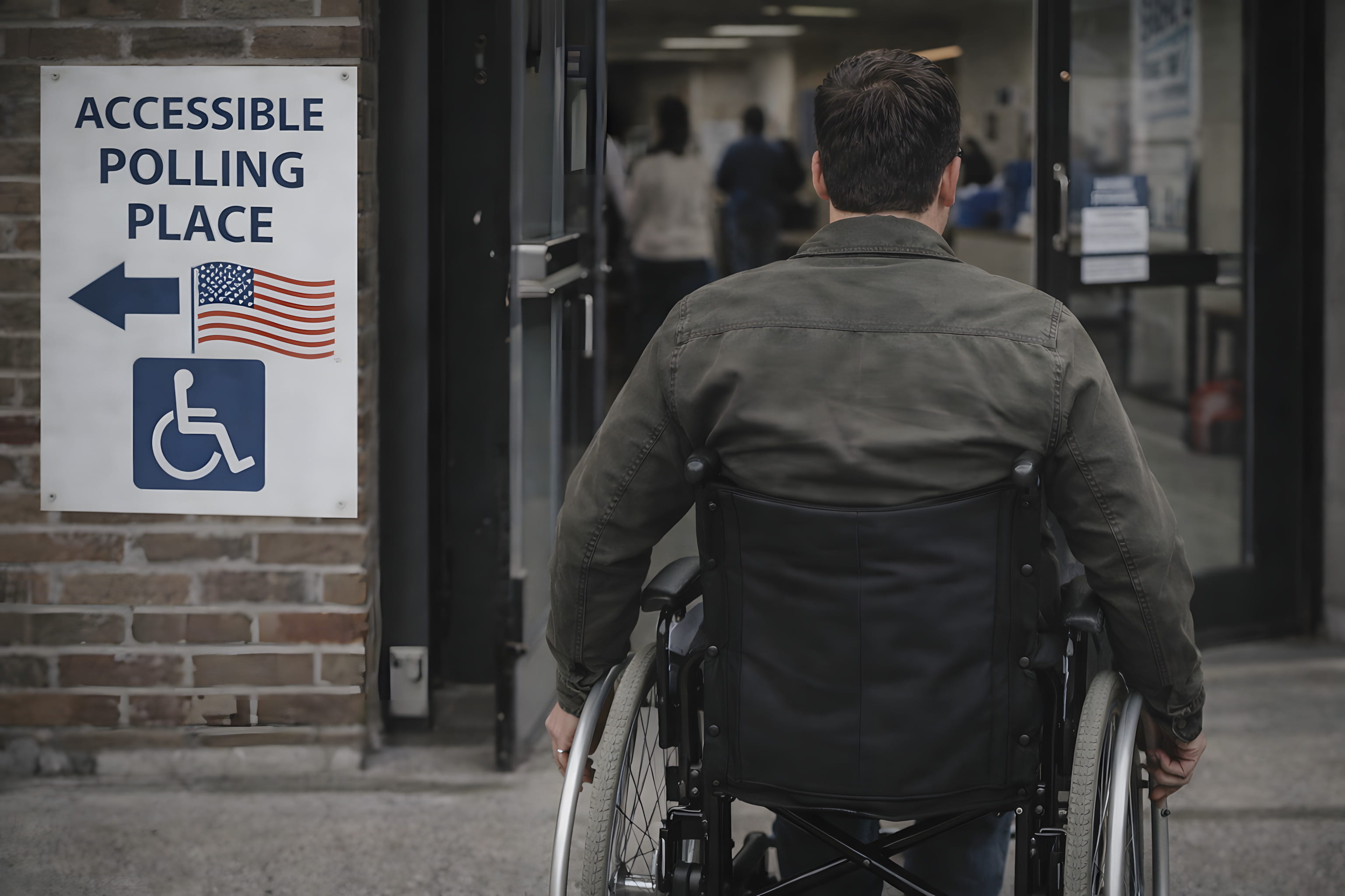 A person using a wheelchair approaches the entrance of a building labeled with a sign reading ‘Accessible Polling Place,’ which includes an arrow, an American flag graphic, and an accessibility symbol.