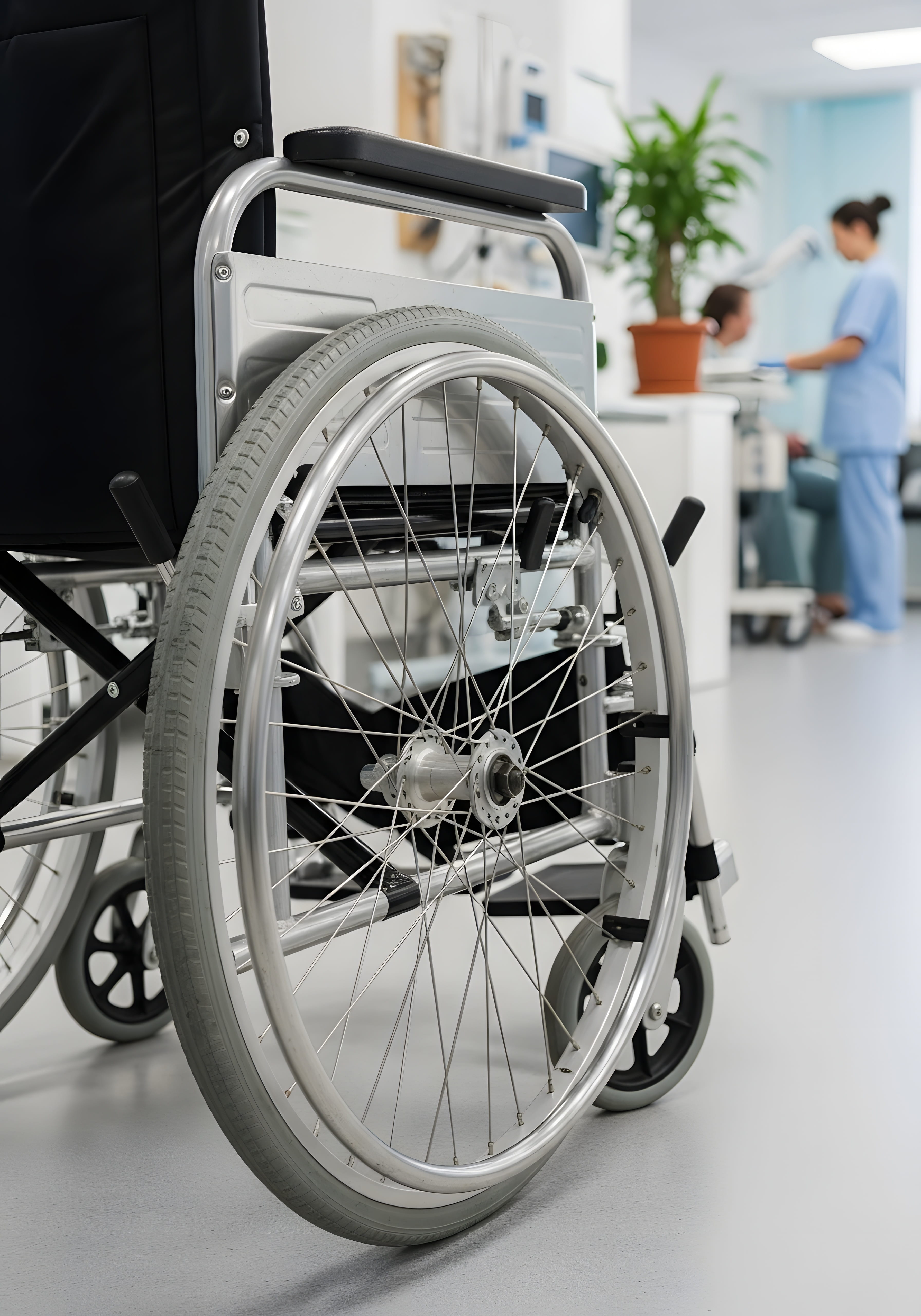 A wheelchair in the foreground of a medical clinic, with a healthcare worker assisting another person in the background.