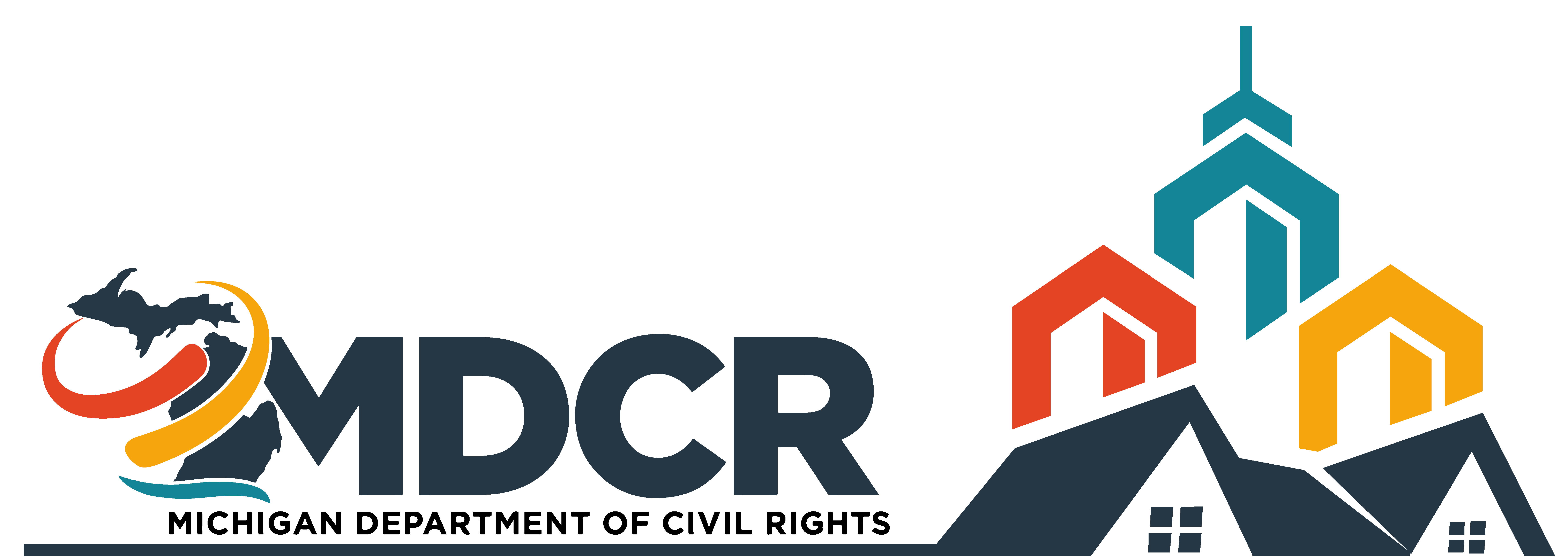 MDCR logo and a group of cartoon houses and apartment buildings.